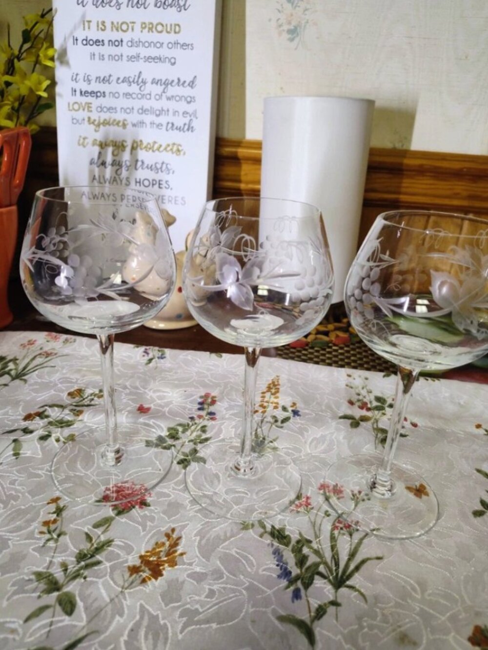 Lot of 3 Vintage 60's 70's MCM Etched Flower Floral Balloon Wine Glass